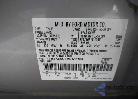 2021 Ford Police Interceptor z USA, uszkodzony, nr VIN 1FM5K8AC5MNA11894